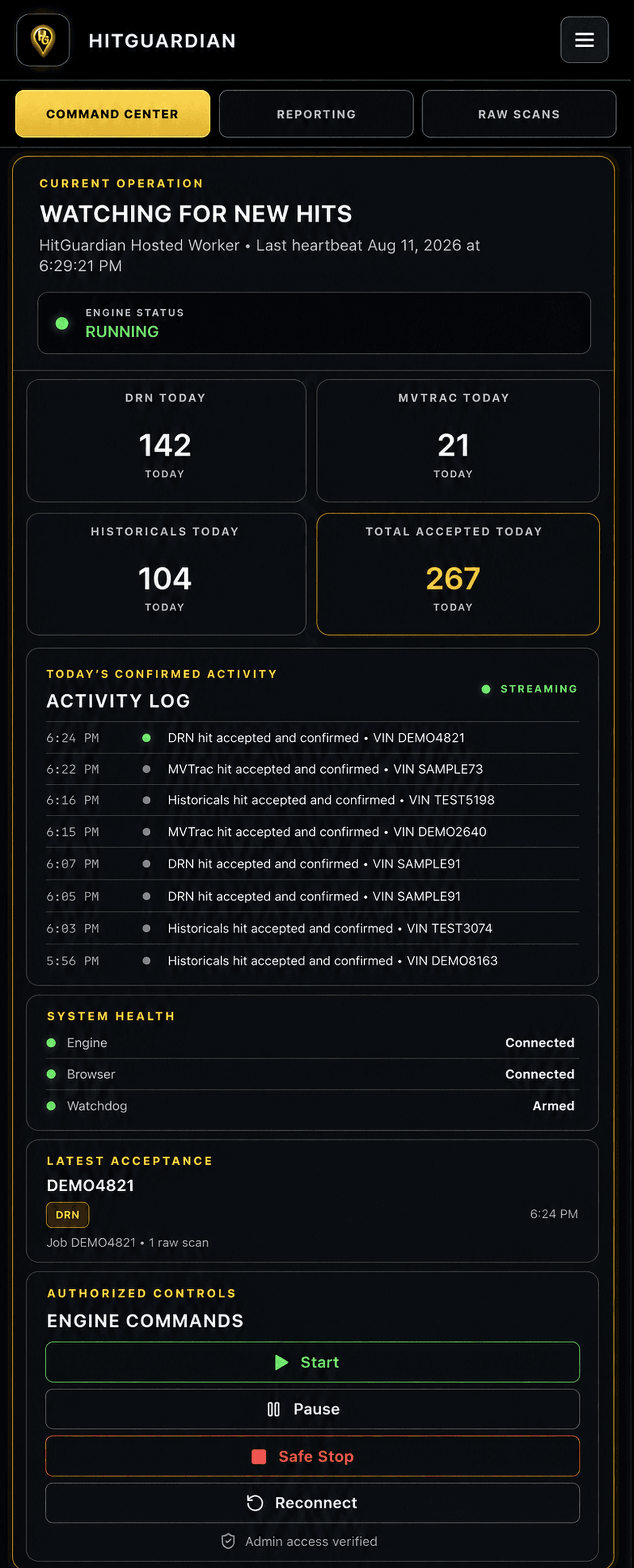 HitGuardian Command Center demo interface
